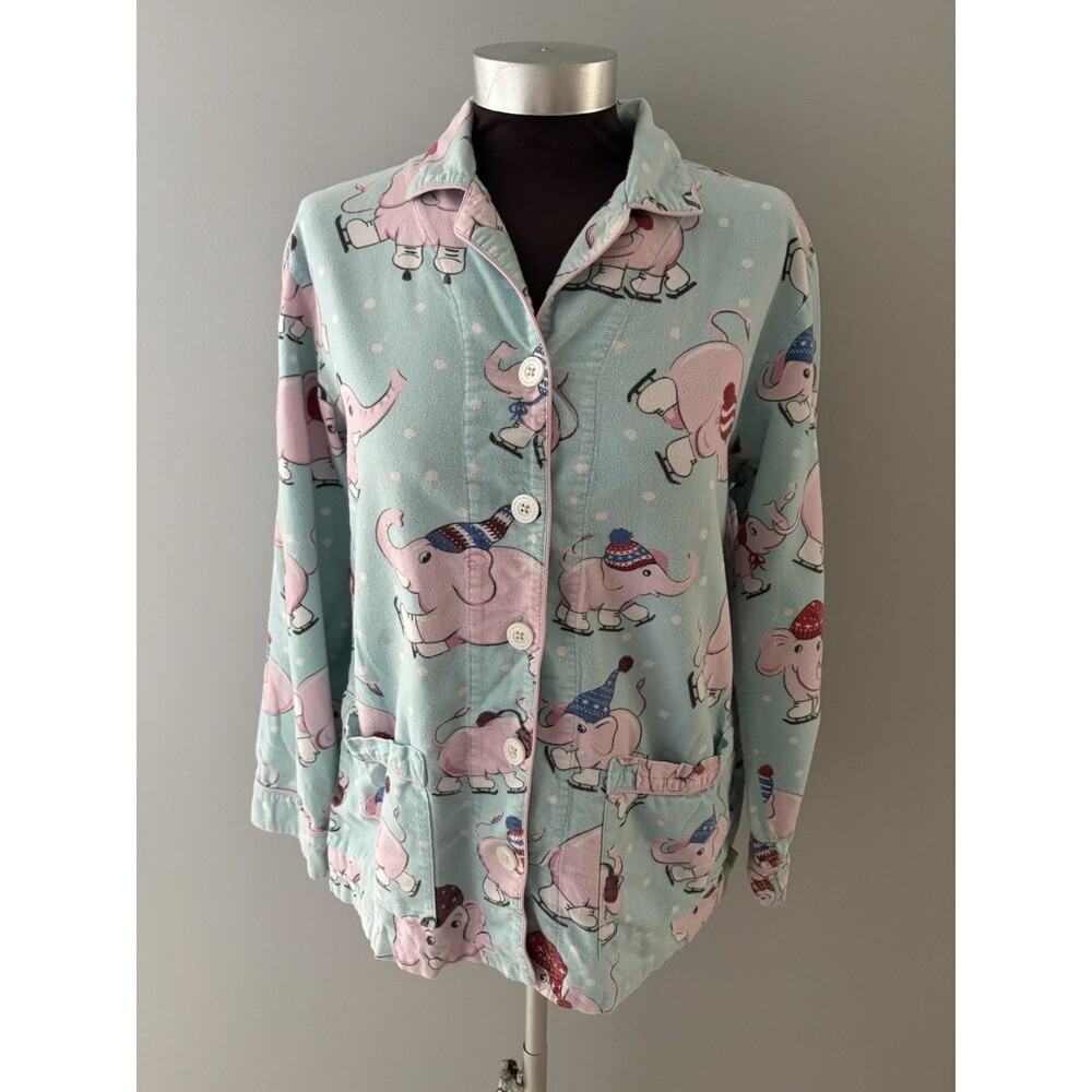 Nick & Nora Pajama Top Size S Blue Pink Elephants Flannel Ice Skating Oversize *